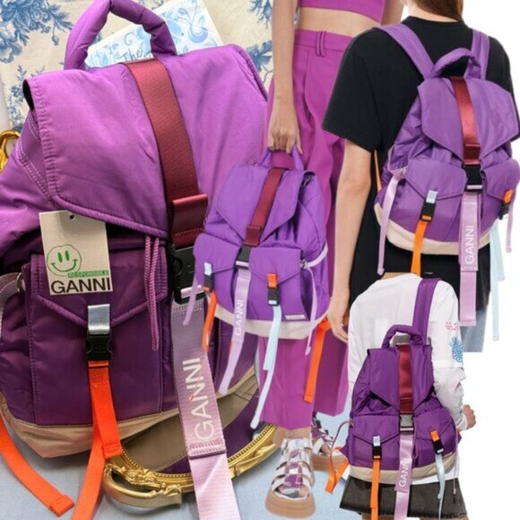 Ganni Handbags - 🆕 GANNI 🧿 NWT Recycled Tech Backpack, Purple Wine & Orange, Baby Blue